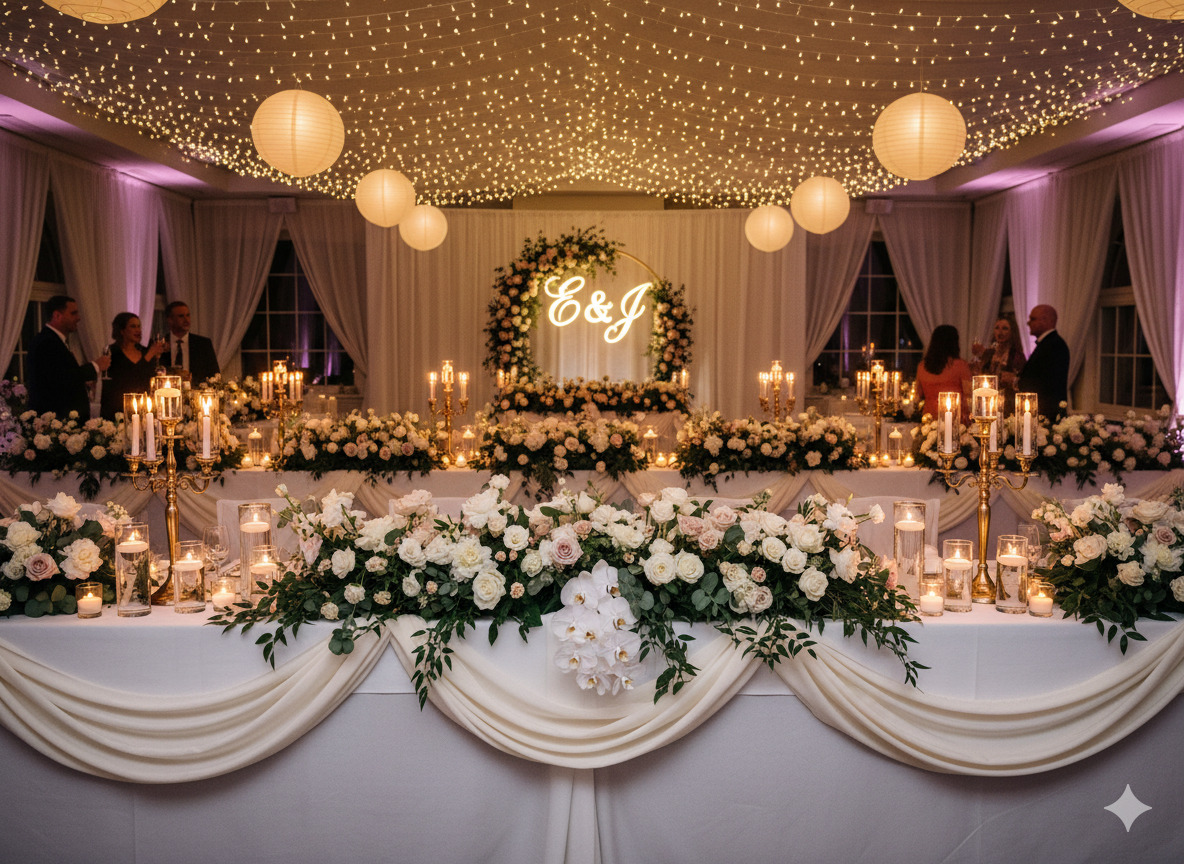 Elegant eventdekoration med blommor och ljus