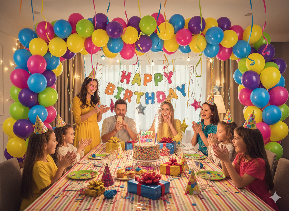 Färgglad privat festdekorationer med ballonger och blommor