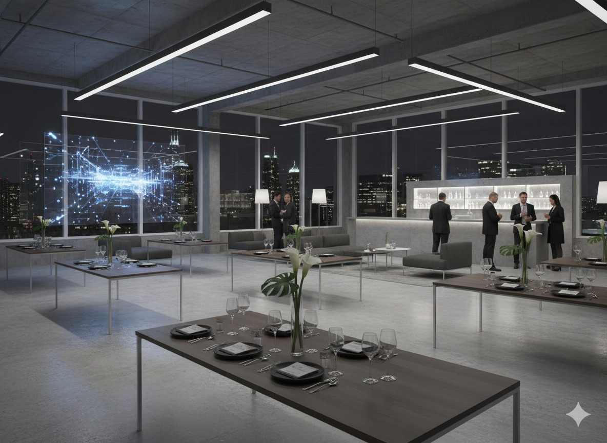 Modern företagseventmiljö med professionell belysning