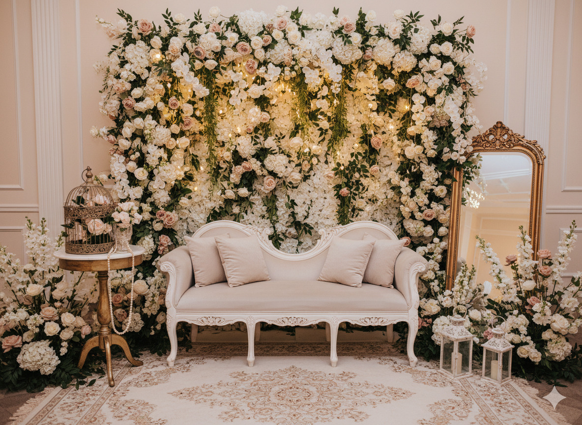 Elegant fotozon med blommor och vintage möbler